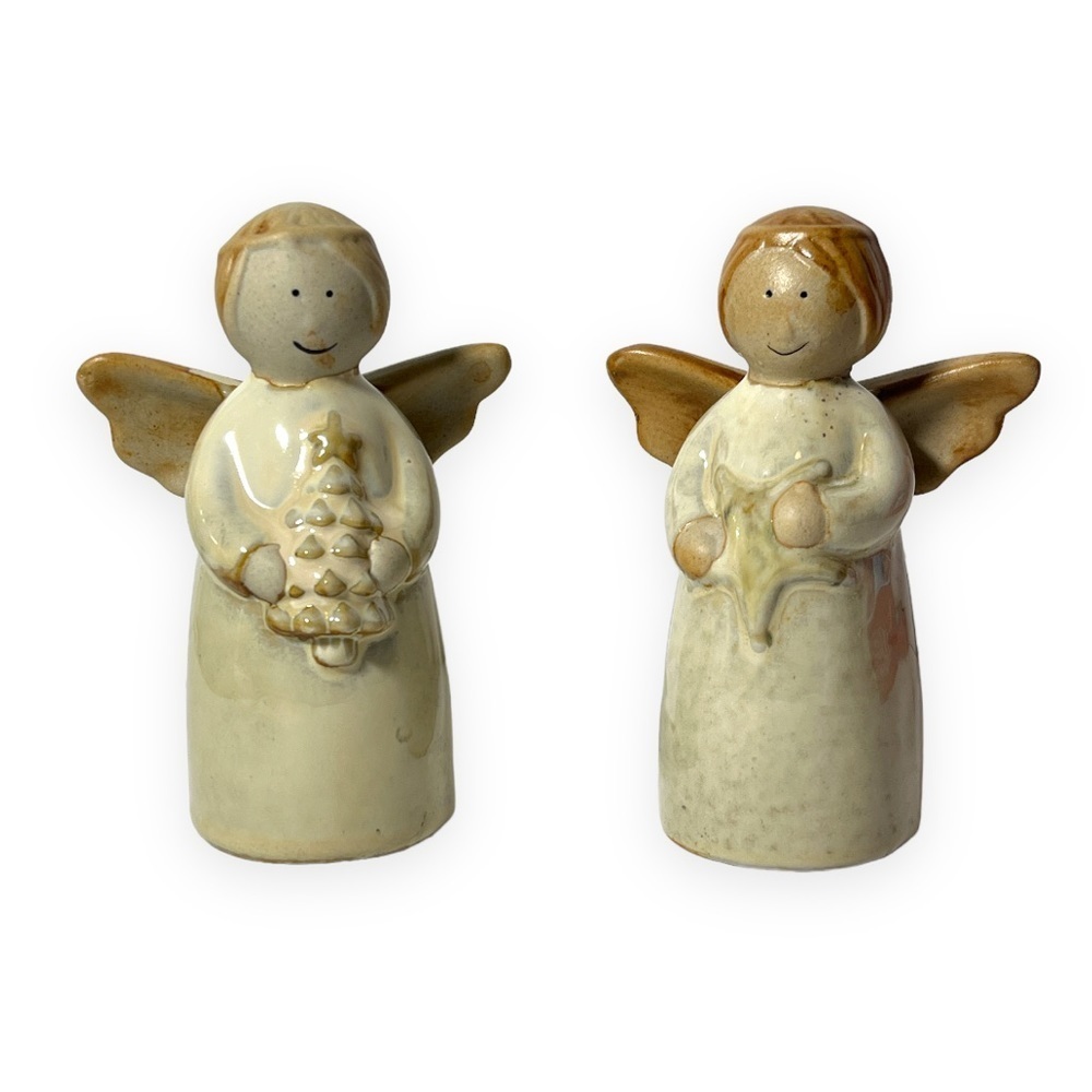 Angel Primitive Figurines Earthenware Christmas‎ Collection by Lincolnshire 2 PC